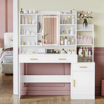 Luxe Kaptafel met LED-Spiegel &amp; Opbergkast – 9 Planken – 2 Laden – Wit